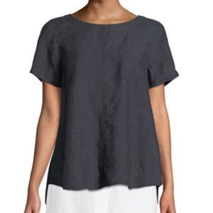 Eileen Fisher Organic Cotton Linen Navy Denim Flutter Sleeve Tunic Blouse
